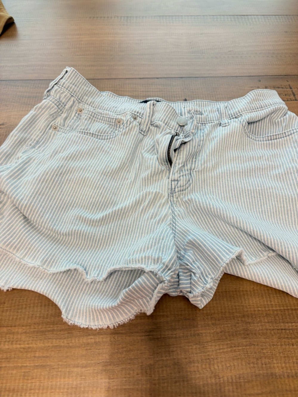 J. Crew Factory Light Blue & White Striped Scalloped-Hem Denim Shorts